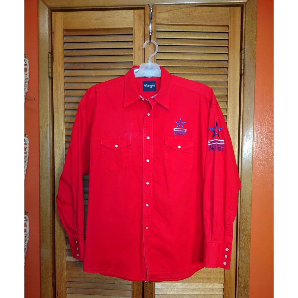 Wrangler Western Pearl Snap Shirt Mens XL Red National Patriot Embroidered Long